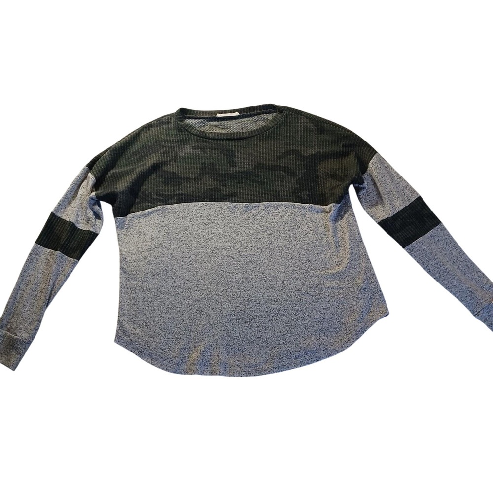 VTG Jolie Thermal Top‎ M USA Camo Waffle Knit Colorblock Casual Grunge Y2K Indie